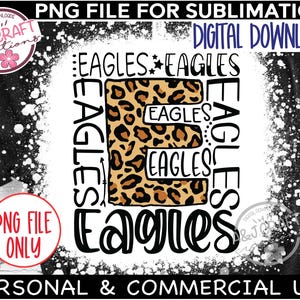 Pode incluir: Um design de sublima&ccedil;&atilde;o com a palavra "Eagles" repetida v&aacute;rias vezes em uma fonte preta e branca desgastada. A palavra "Eagles" &eacute; cercada por um padr&atilde;o de estampa de leopardo.
