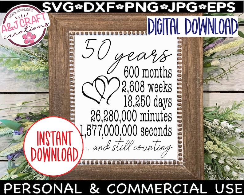 May include: A digital download of a printable sign that says "50 years, 600 months, 2,608 weeks, 18,250 days, 26,280,000 minutes, 1,577,000,000 seconds, and still counting". The sign is in a brown wooden frame with a white background and black text.