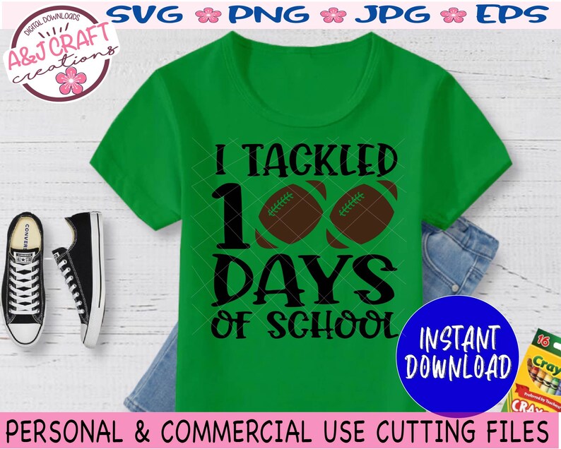 May include: A bright green short-sleeved t-shirt featuring the black text I TACKLED 100 DAYS OF SCHOOL with two brown footballs replacing the zeros in 100. The design is centered on the front of the shirt, which is displayed flat.