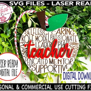 Ornamento di Natale dell'insegnante SVG, File di taglio laser, Tipografia Apple dell'insegnante SVG, Miglior insegnante di sempre, File laser dell'ornamento dell'insegnante