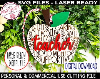 Teacher Christmas Ornament SVG, Laser Cut File, Teacher Apple Typography SVG,  Best Teacher Ever, Teacher Ornament Laser File