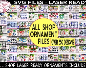 May include: A collage of over 650 laser-ready ornament designs. The designs are organized into rows and columns, with each design displayed in a circle. The designs include a variety of themes, such as sports, holidays, and animals. The text "ALL SHOP ORNAMENT FILES OVER 650 DESIGNS" is displayed in a yellow box in the center of the image.