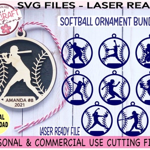 May include: A set of eight laser-cut softball ornament SVG files. The ornaments feature a softball player in various poses, including batting, pitching, and catching. The ornaments are designed for personal and commercial use.