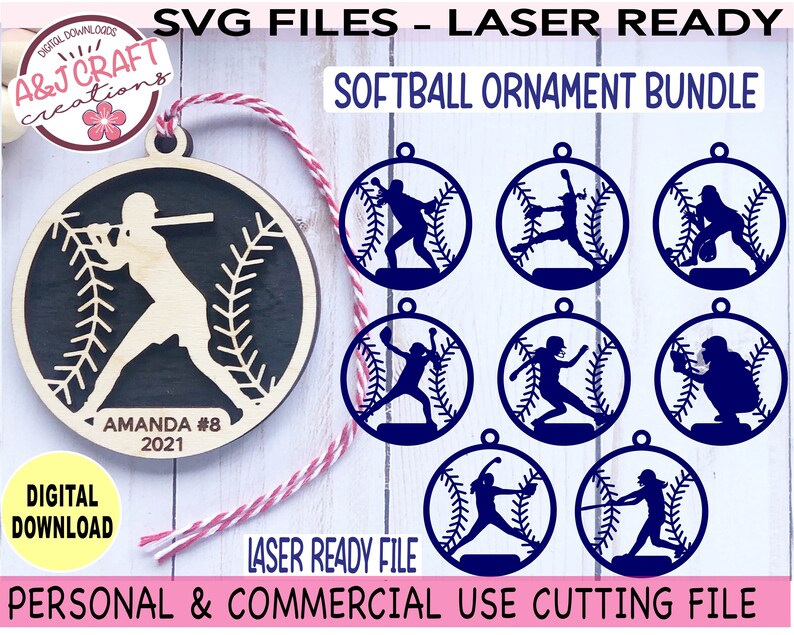 May include: A set of eight laser-cut softball ornament SVG files. The ornaments feature a softball player in various poses, including batting, pitching, and catching. The ornaments are designed for personal and commercial use.
