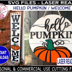 Hello Pumpkin svg, Welcome Pumpkin Vertical Sign SVG, Laser Ready File, Fall Porch Sign svg, Hello Pumpkin Laser file, Fall porch sign svg