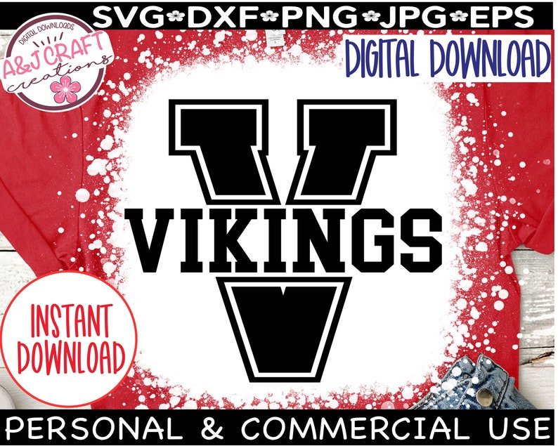 May include: A black and white digital download design featuring a large letter V with the word "VIKINGS" underneath. The design is on a red and white background with white splatter paint.