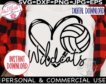 Wildcats Volleyball Heart SVG PNG, School Mascot Digital Design, Team Spirit Shirt Graphic, School Spirit Sublimation