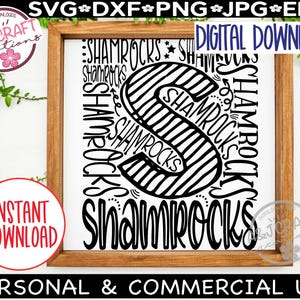May include: Black and white digital download design of the word "Shamrocks" in a circular pattern. The design features a large letter "S" with stripes and the word "Shamrocks" repeated around it.