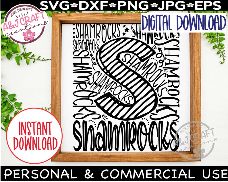 May include: Black and white digital download design of the word "Shamrocks" in a circular pattern. The design features a large letter "S" with stripes and the word "Shamrocks" repeated around it.