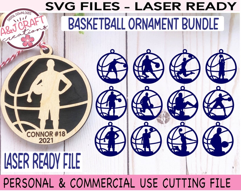 May include: A collection of laser-ready basketball ornament designs. The image features a large wooden ornament with a basketball player silhouette and the text "CONNOR #18 2021". Surrounding it are several blue basketball-themed ornaments. The text "SVG FILES - LASER READY" is also present.