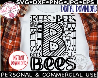 Bijen typografie SVG, bijen voetbal svg, bijensoftbal, bijen svg, bijen juichen svg, Go Bees svg, bijen geest slijtage, bijen school geest mascotte
