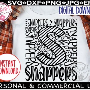 May include: Black and white digital download design featuring the word "Snappers" repeated in a circular pattern. The design is perfect for creating t-shirts, mugs, tote bags, and other crafts.