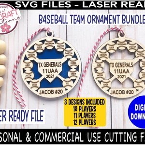 May include: Two laser-cut wooden baseball team ornaments with a blue background and the text "TX Generals 11UAA 2021" and "Jacob #20". The ornaments feature a baseball diamond design with 10, 11, or 12 player names around the perimeter.