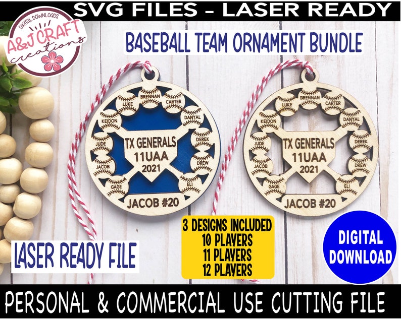 May include: Two laser-cut wooden baseball team ornaments with a blue background and the text "TX Generals 11UAA 2021" and "Jacob #20". The ornaments feature a baseball diamond design with 10, 11, or 12 player names around the perimeter.