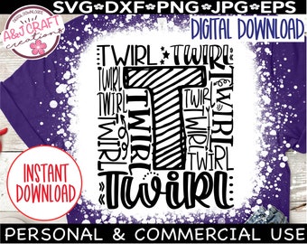 May include: A digital download of a black and white graphic design featuring the word "Twirl" repeated in a circular pattern. The design is on a white background with a purple splatter effect.