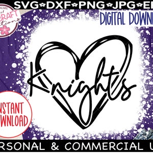 May include: A black and white graphic design of a heart with the word "Knights" inside. The design is on a white background with a purple and white splatter effect.