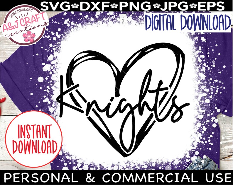 May include: A black and white graphic design of a heart with the word "Knights" inside. The design is on a white background with a purple and white splatter effect.