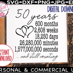 May include: A black and white digital download graphic with the text "50 years" and a list of time measurements in years, months, weeks, days, minutes, and seconds. The graphic also includes two intertwined hearts and the text "...and still counting".