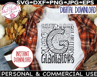 Tipografía de gladiadores SVG, fútbol de gladiadores SVG, béisbol de gladiadores SVG, camiseta de gladiadores, mascota del equipo escolar SVG, camiseta de espíritu escolar