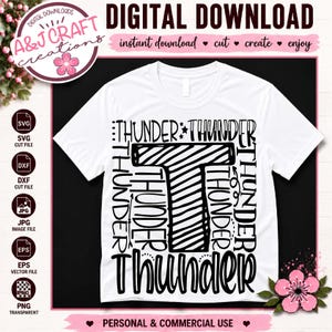 Tipografia della mascotte della squadra Thunder in formato SVG, spirito scolastico - cheerleading, football americano, baseball, calcio (download digitale)
