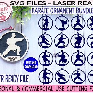 May include: A set of 18 laser-cut karate ornament SVG files. The files are ready to be used for personal and commercial use. The image shows a variety of karate poses in a circle shape.