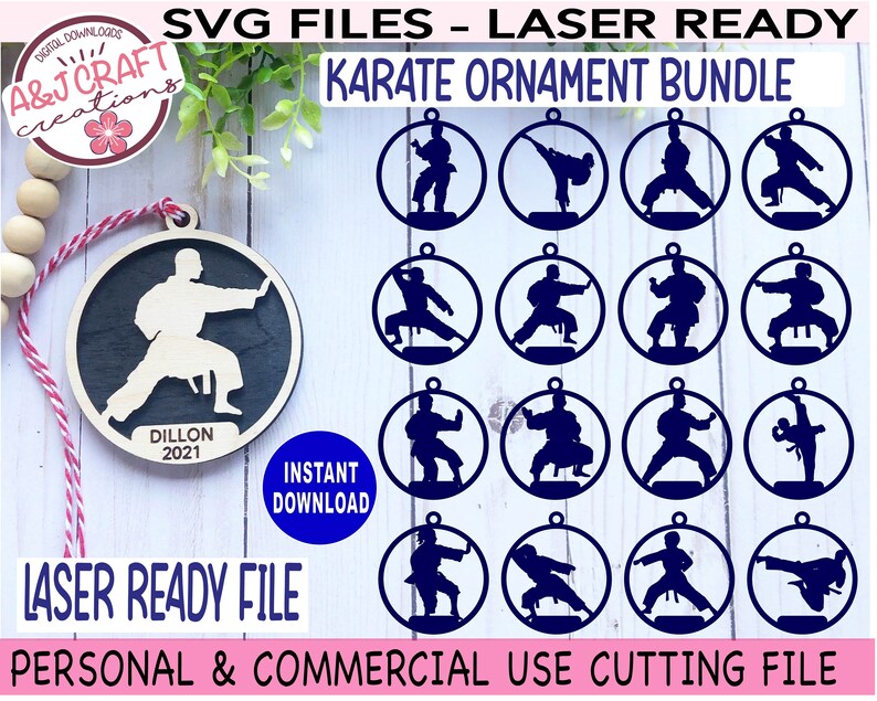 May include: A set of 18 laser-cut karate ornament SVG files. The files are ready to be used for personal and commercial use. The image shows a variety of karate poses in a circle shape.