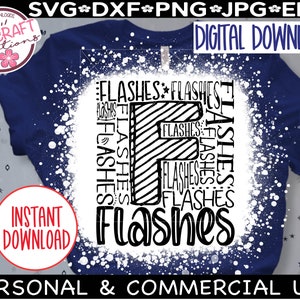 May include: A white t-shirt with a black and white graphic design of the letter F made up of the word "Flashes" repeated multiple times. The graphic is surrounded by white paint splatters.
