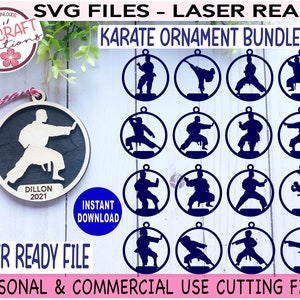 May include: A set of 16 laser-ready SVG files for creating karate ornament designs. The designs feature a variety of karate poses in a blue circle. The text "KARATE ORNAMENT BUNDLE" is at the top of the image. The text "LASER READY FILE" is at the bottom of the image. The text "PERSONAL & COMMERCIAL USE CUTTING FILE" is at the bottom of the image.