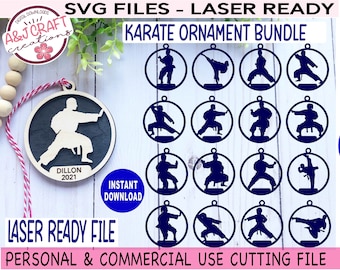 May include: A set of 16 laser-ready SVG files for creating karate ornament designs. The designs feature a variety of karate poses in a blue circle. The text "KARATE ORNAMENT BUNDLE" is at the top of the image. The text "LASER READY FILE" is at the bottom of the image. The text "PERSONAL & COMMERCIAL USE CUTTING FILE" is at the bottom of the image.
