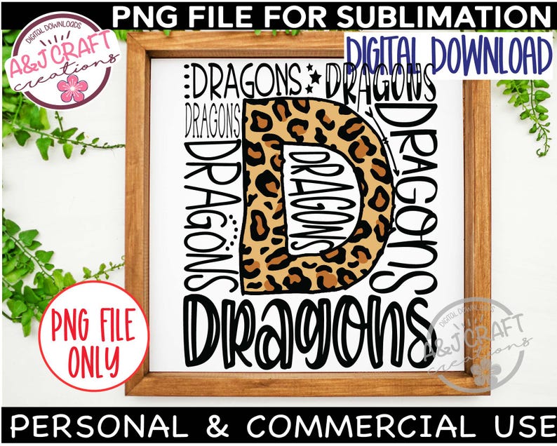 K&ouml;nnte beinhalten: Ein digitaler Download eines Sublimationsdesigns mit einem Leopardenmuster-Buchstaben D, umgeben von dem Wort "DRAGONS", das sich in einem Kreis wiederholt. Das Design ist perfekt f&uuml;r die Erstellung von personalisierten Bastelarbeiten und Geschenken.