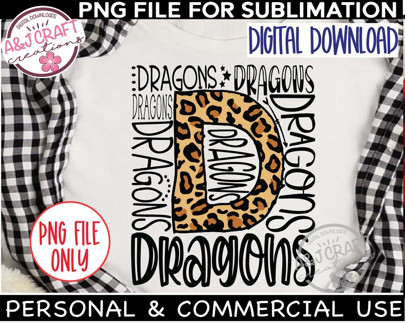 K&ouml;nnte beinhalten: Ein Sublimationsdesign mit einem Leopardenmuster-Buchstaben "D", umgeben von dem Wort "Dragons", das mehrmals in schwarzem Text wiederholt wird.