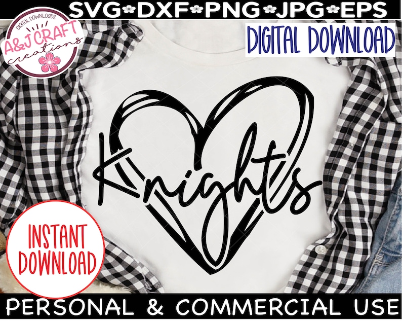 May include: A white t-shirt with a black heart design and the word "Knights" written inside the heart. The t-shirt is on a checkered background.