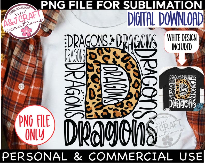 K&ouml;nnte beinhalten: Ein wei&szlig;es T-Shirt mit einem schwarzen und braunen Leopardenmuster-Buchstaben D, umgeben von dem Wort "Dragons", das mehrmals wiederholt wird. Das Design ist f&uuml;r die Sublimation.