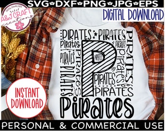 May include: A white t-shirt with a black and white graphic design of the letter "P" surrounded by the word "Pirates" repeated multiple times. The text "Pirates" is written in a large, bold font at the bottom of the design.