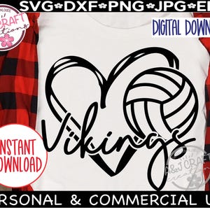 May include: A black and white digital design featuring a heart and volleyball with the word "Vikings". The design includes the text "Digital Download", "Instant Download", and "Personal & Commercial Use".