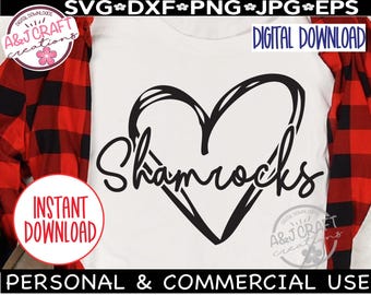 Shamrocks Heart SVG School Pride Shirt Design, Mascot Typography Cut File, Digital Download for Team Spirit Wear Cricut Silhouette Crafts