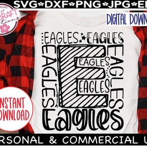 Może przedstawiać: Czarno-biały projekt do pobrania cyfrowego słowa "Eagles" z literą "E" utworzoną przez wielokrotne powt&oacute;rzenie słowa "Eagles". Projekt znajduje się na białym t-shircie.