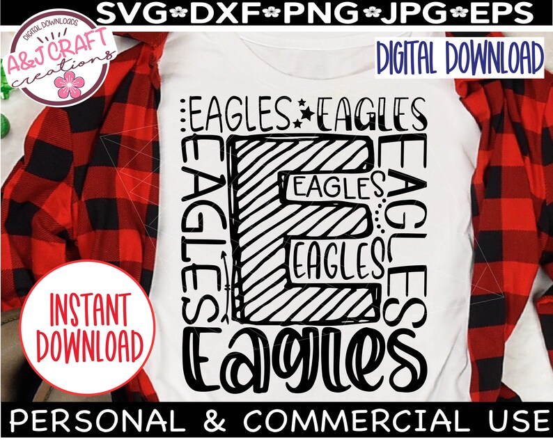 Może przedstawiać: Czarno-biały projekt do pobrania cyfrowego słowa "Eagles" z literą "E" utworzoną przez wielokrotne powt&oacute;rzenie słowa "Eagles". Projekt znajduje się na białym t-shircie.