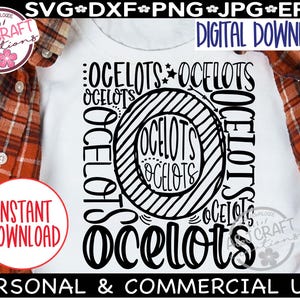 Może przedstawiać: Cyfrowy plik do pobrania z czarno-białym wzorem graficznym z powtarzającym się w kółko słowem "Ocelots". Wzór idealnie nadaje się do tworzenia koszulek, kubków, toreb na zakupy i innych prac ręcznych.