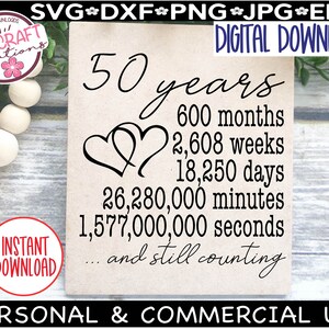 May include: A digital download of a printable sign that says "50 years, 600 months, 2,608 weeks, 18,250 days, 26,280,000 minutes, 1,577,000,000 seconds... and still counting". The sign features two intertwined hearts at the top and is designed for personal and commercial use.