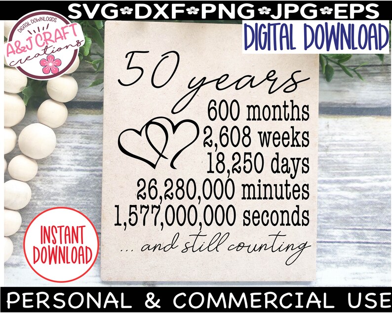 May include: A digital download of a printable sign that says "50 years, 600 months, 2,608 weeks, 18,250 days, 26,280,000 minutes, 1,577,000,000 seconds... and still counting". The sign features two intertwined hearts at the top and is designed for personal and commercial use.