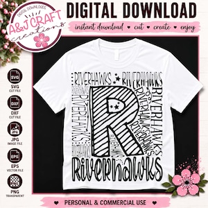 May include: A white t-shirt featuring a large black graphic design of the letter R filled with diagonal stripes and stars, surrounded by the repeated text Riverhawks in various fonts and orientations, presented as a digital download file.
