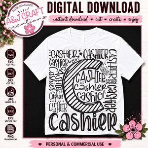 May include: A white t-shirt featuring a black graphic design composed of the word cashier repeated in various fonts and orientations, centered around a large, bold, striped letter C. The design includes stars and decorative lines.