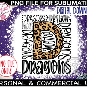 K&ouml;nnte beinhalten: Ein Sublimationsdesign mit einem Leopardenmuster-Buchstaben D, um den sich das Wort "Dragons" wiederholt. Das Design ist auf wei&szlig;em Hintergrund mit einem lila und wei&szlig;en Spritzereffekt.