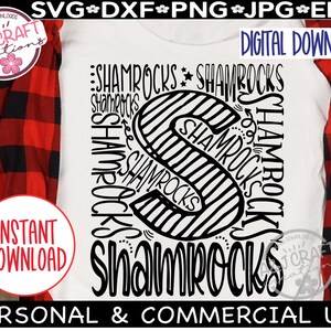 May include: A black and white digital design featuring the word "Shamrocks" repeated multiple times in a circular pattern. The design is perfect for creating t-shirts, mugs, and other crafts.