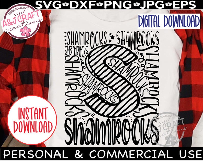 May include: A black and white digital design featuring the word "Shamrocks" repeated multiple times in a circular pattern. The design is perfect for creating t-shirts, mugs, and other crafts.