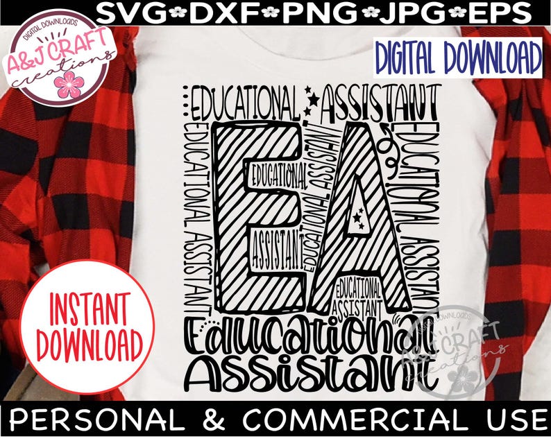 May include: A white t-shirt with a black and white design that says "EA Educational Assistant". The design includes the words "Educational Assistant" in a vertical pattern around the letters "EA". The words "Instant Download" are also visible.