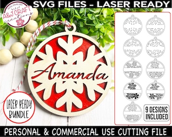 Snowflake Ornament SVG Bundle, Ornament Laser File, Family Name Ornament Laser File, Laser Ornament svg, Laser cut file