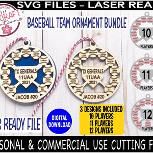 May include: A set of three laser-cut wood baseball ornament designs. The ornaments feature a baseball theme with the text "TX Generals 11UAA 2021" and "Jacob #20". The designs include 10, 11, and 12 players.