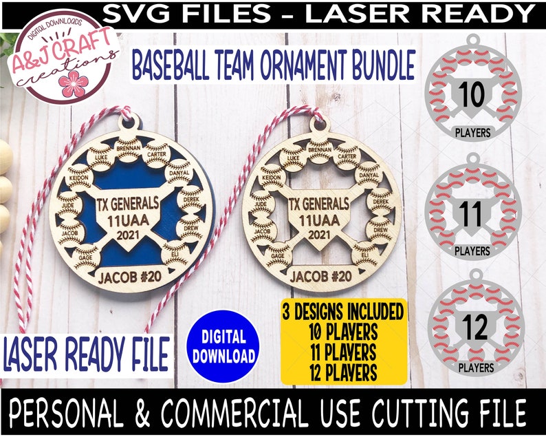 May include: A set of three laser-cut wood baseball ornament designs. The ornaments feature a baseball theme with the text "TX Generals 11UAA 2021" and "Jacob #20". The designs include 10, 11, and 12 players.